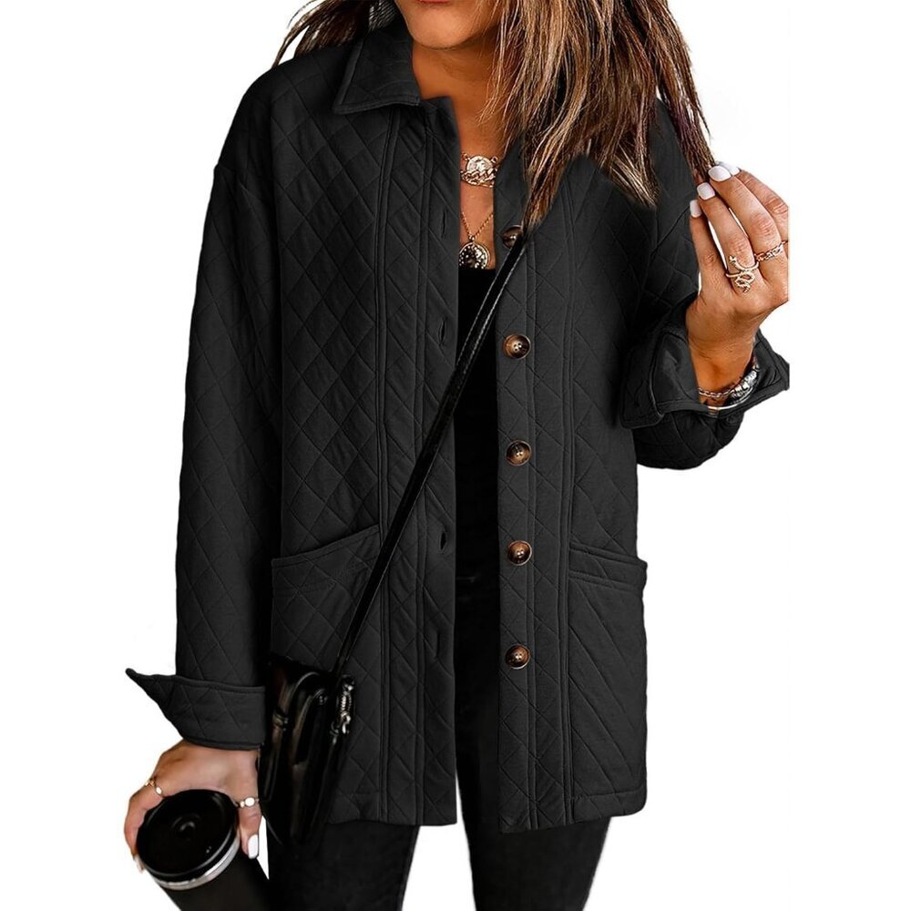 Women's Black Button Down Collared Long Sleeve Jackets Coats With Pockets